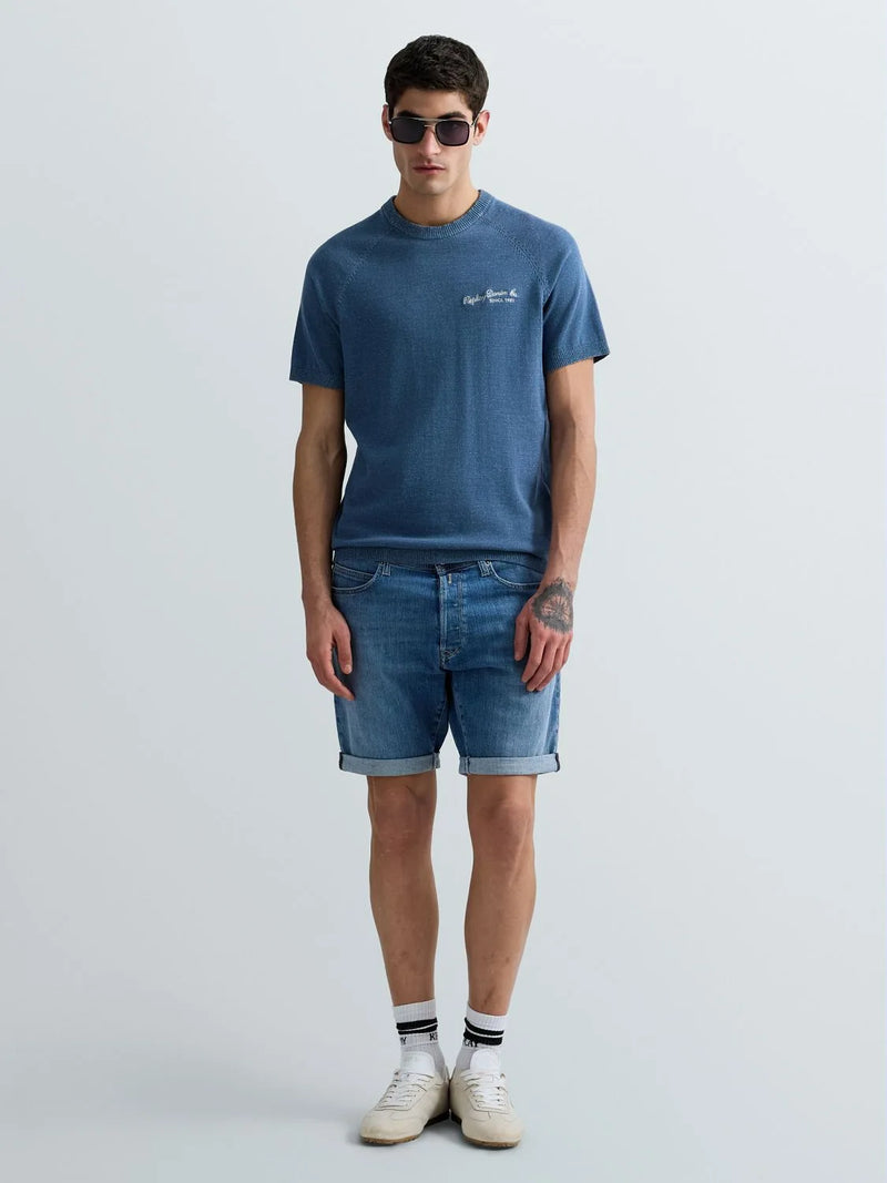 SHORT-SLEEVED KNIT T-SHIRT WITH EMBROIDERY | PETROL BLUE + WHITE UK5167 G24026-020