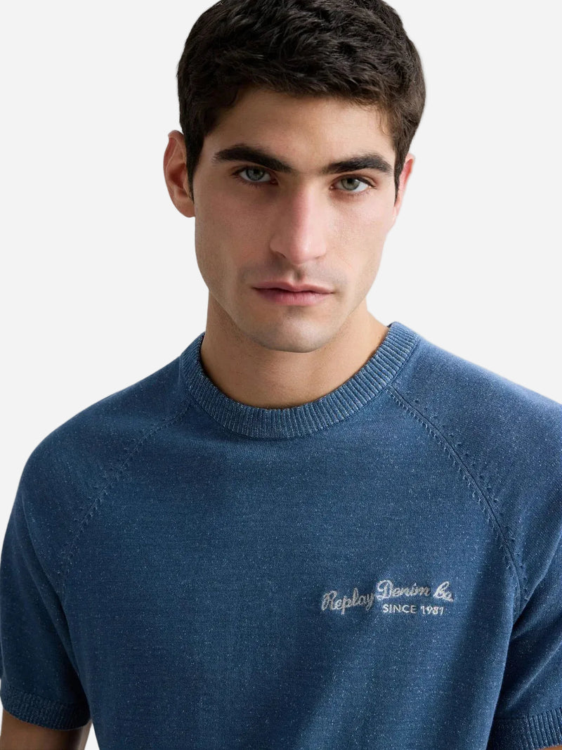 SHORT-SLEEVED KNIT T-SHIRT WITH EMBROIDERY | PETROL BLUE + WHITE UK5167 G24026-020