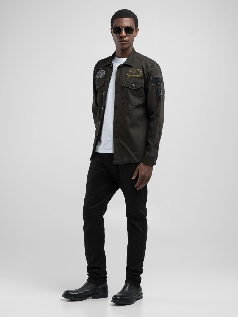 shirt dark olive jacket with lettering and appliqués shirt dark olive jacket with lettering and appliqués