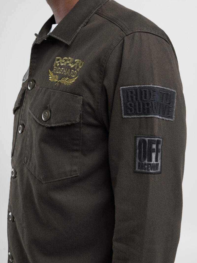 shirt dark olive jacket with lettering and appliquÃ©s