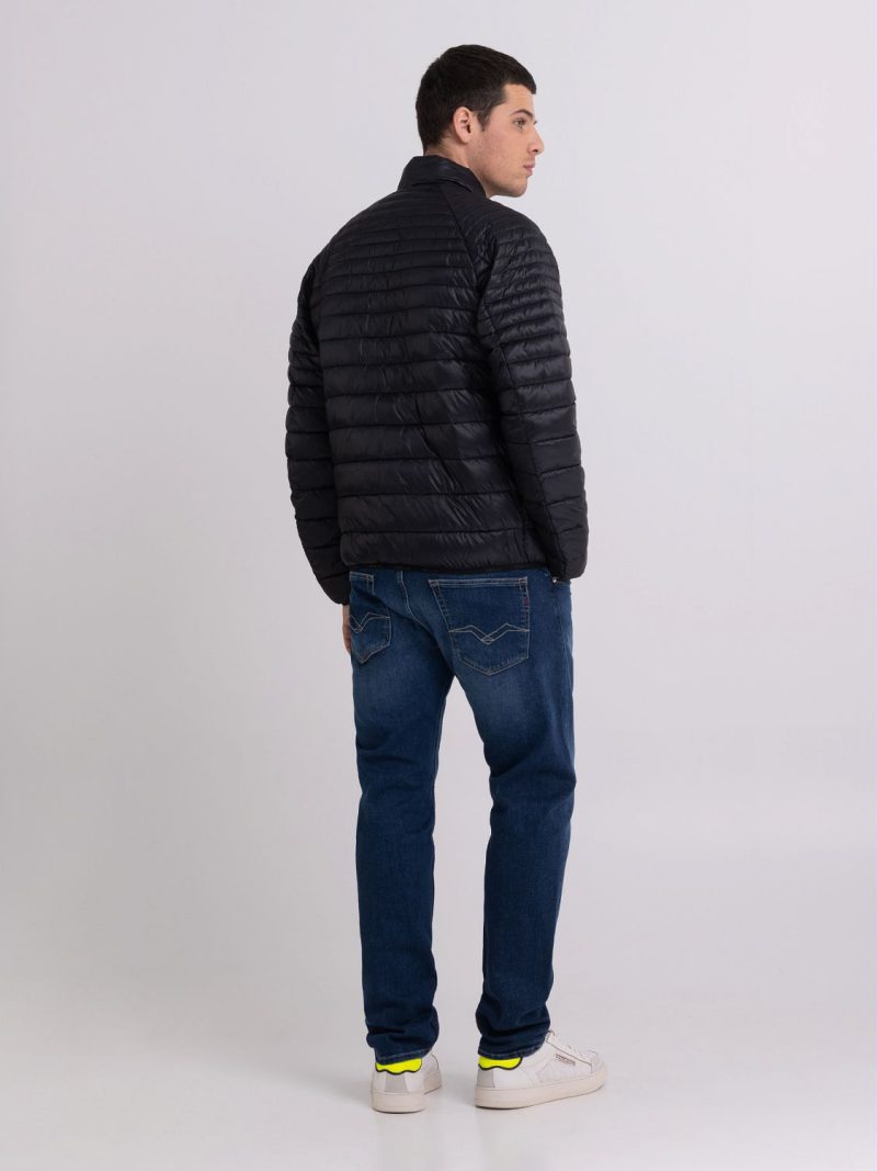 black with blue quilted jacket in rrecycled nylon