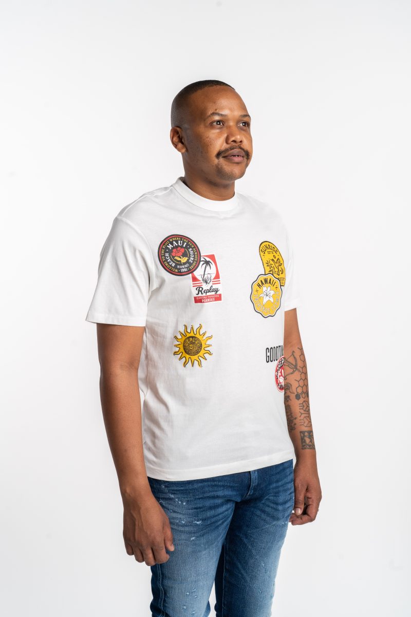 natural white t shirt with patch effect print