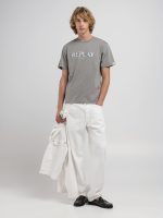 grey military t shirt with blurry lettering