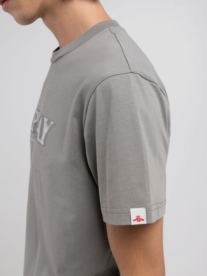grey military t shirt with blurry lettering