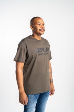 mud green cotton t shirt with white lettering
