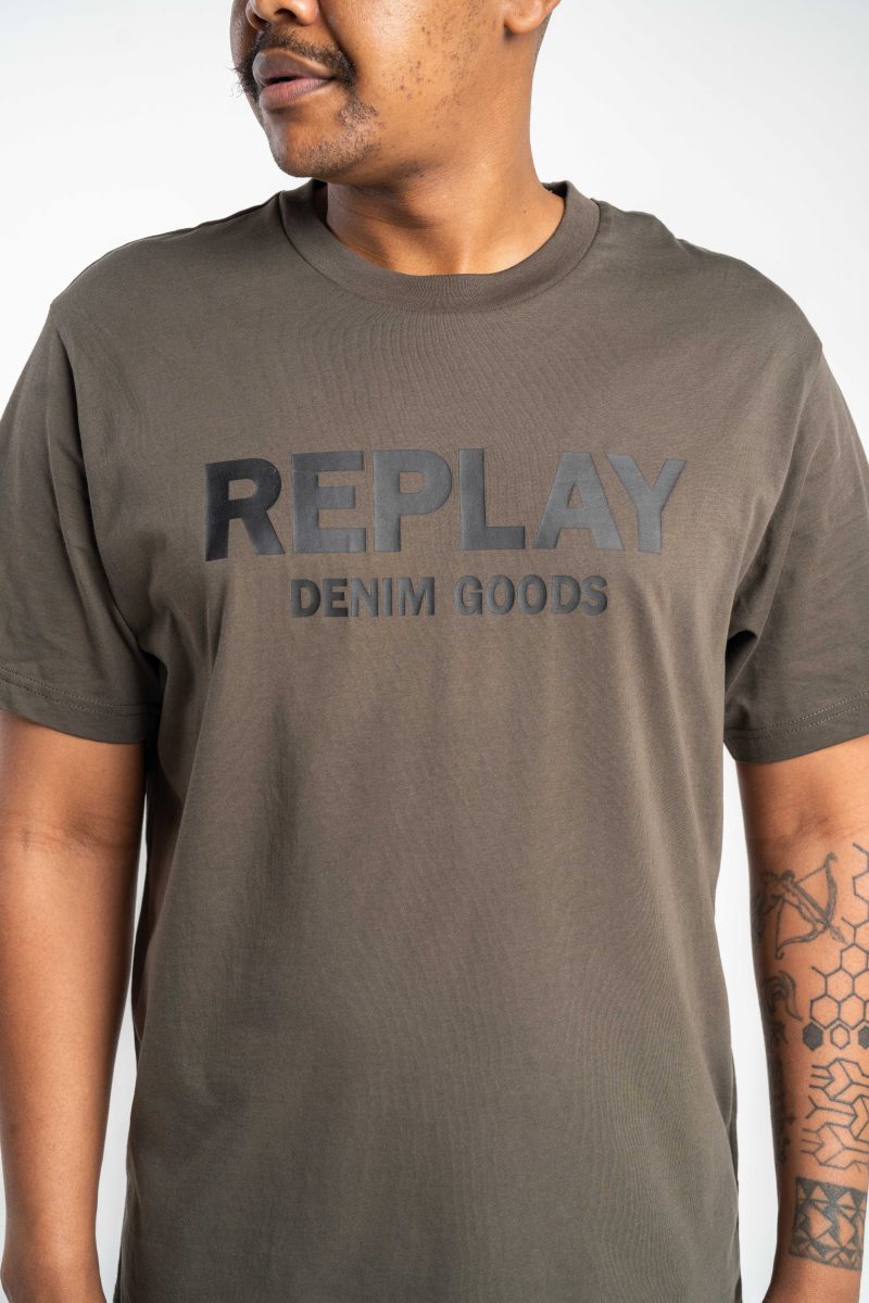 mud green cotton t shirt with white lettering
