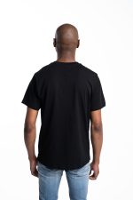 black cotton t shirt with faded white lettering