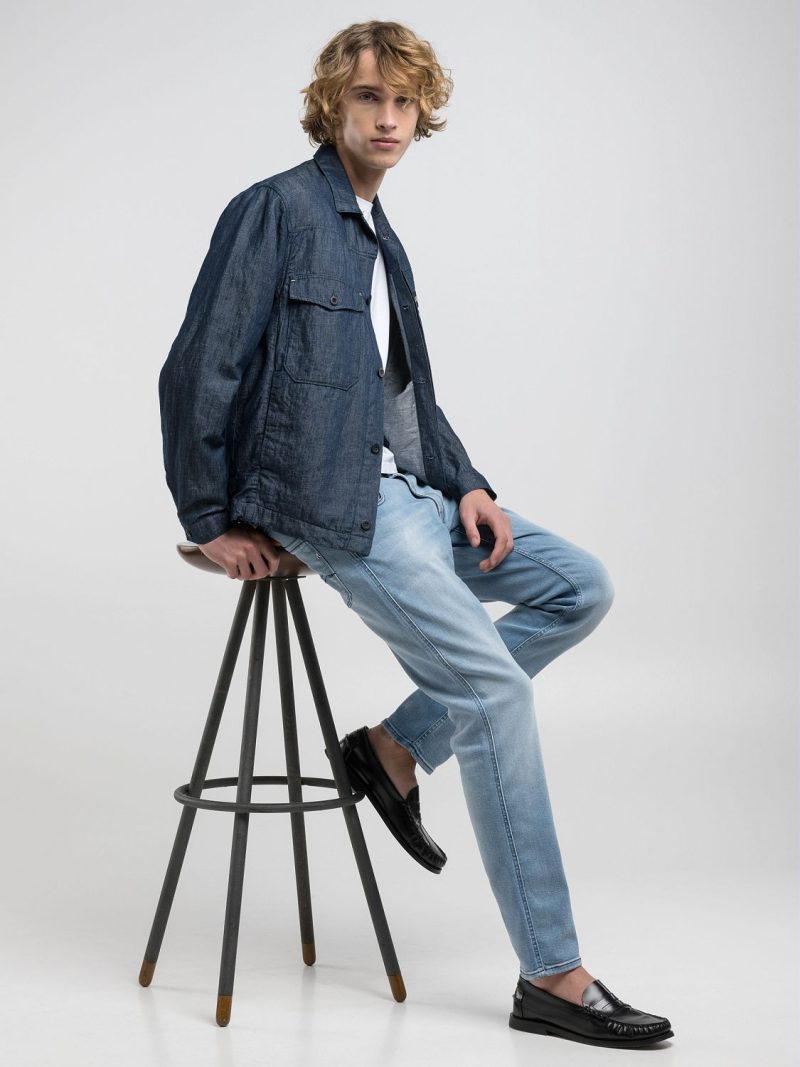 light blue 12 oz mid blue power stretch denim anbass slim fit jeans