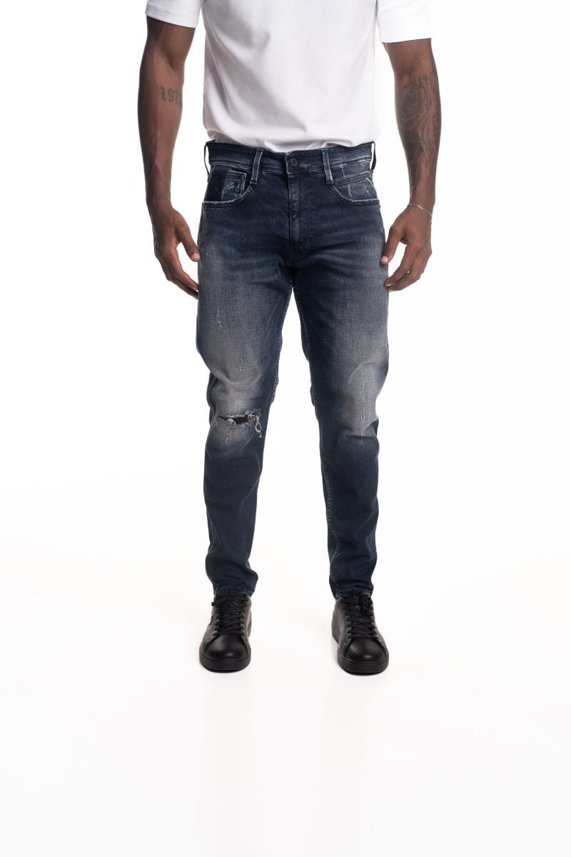 dark blue 10.5 oz blue/black stretch denim coated blue super slim bronny jeans