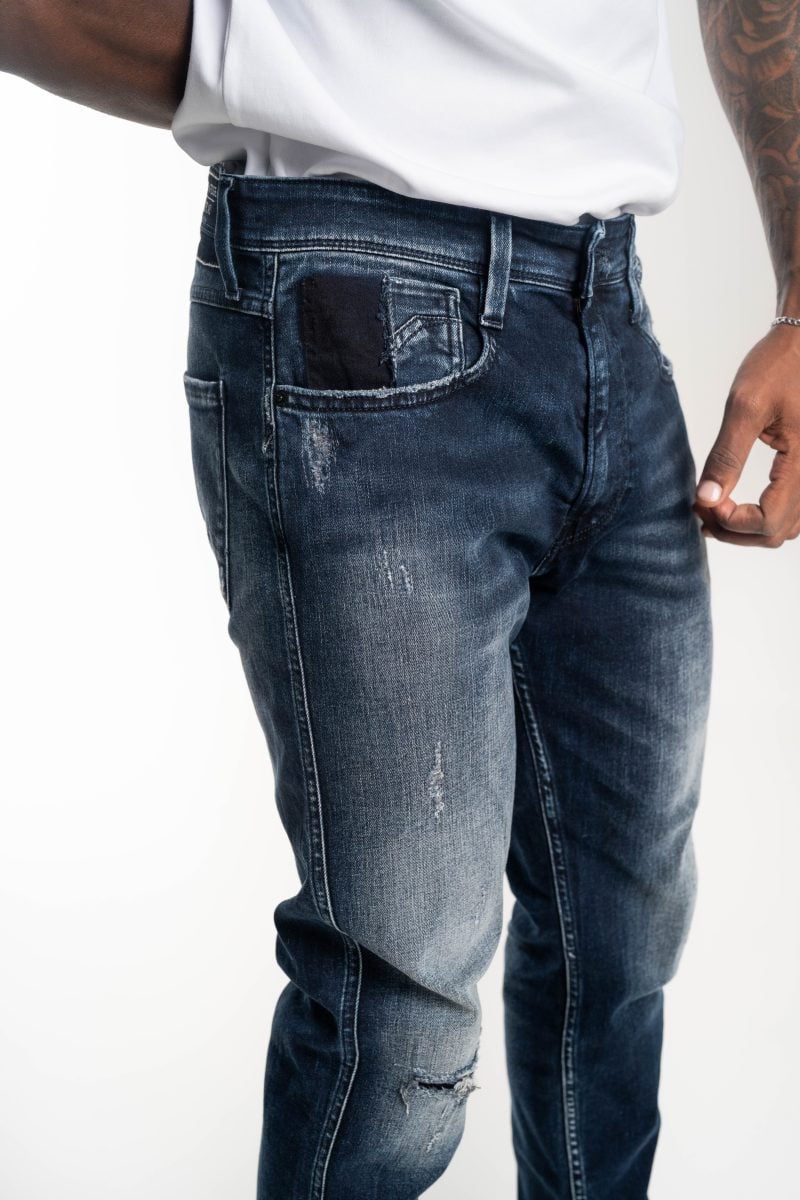 dark blue 10.5 oz blue/black stretch denim coated blue super slim bronny jeans