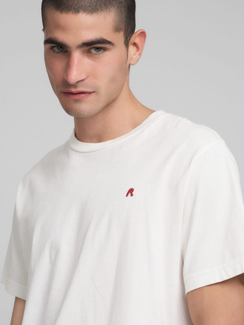 white jersey t shirt with r embroidery