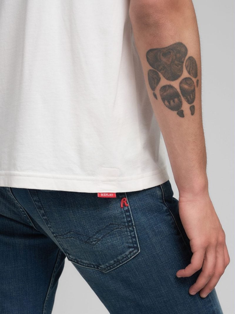 white jersey t shirt with r embroidery