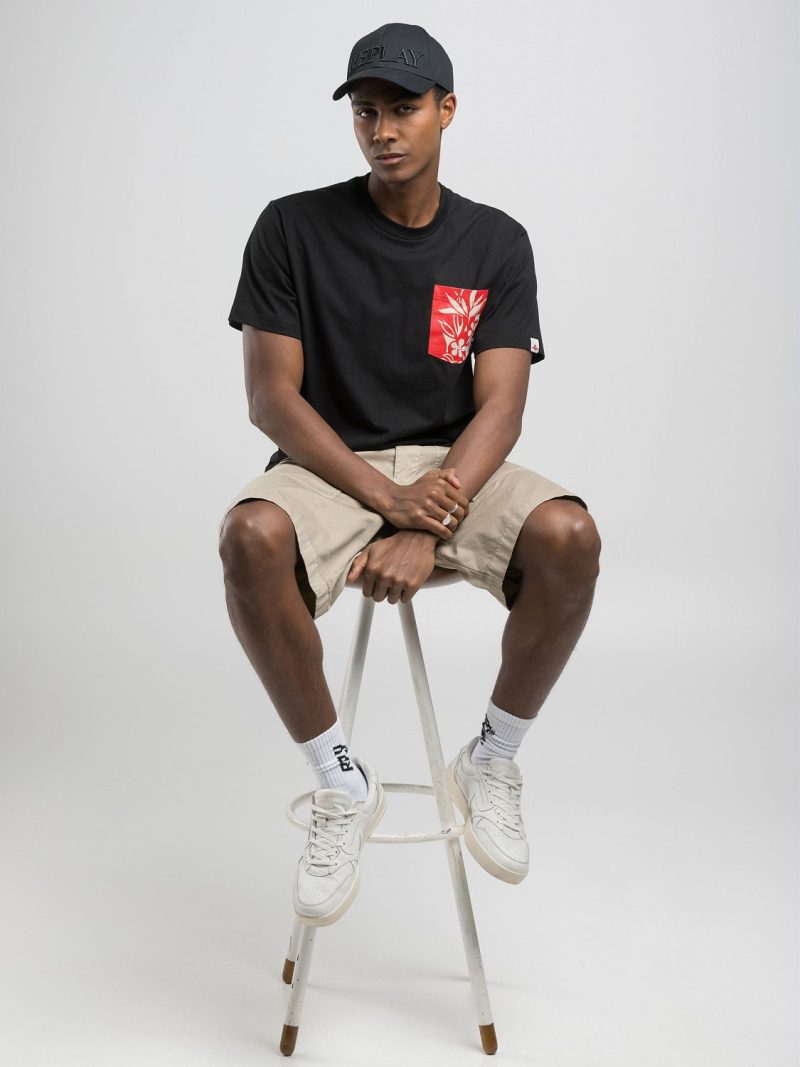 black t shirt with printed breast pocket
