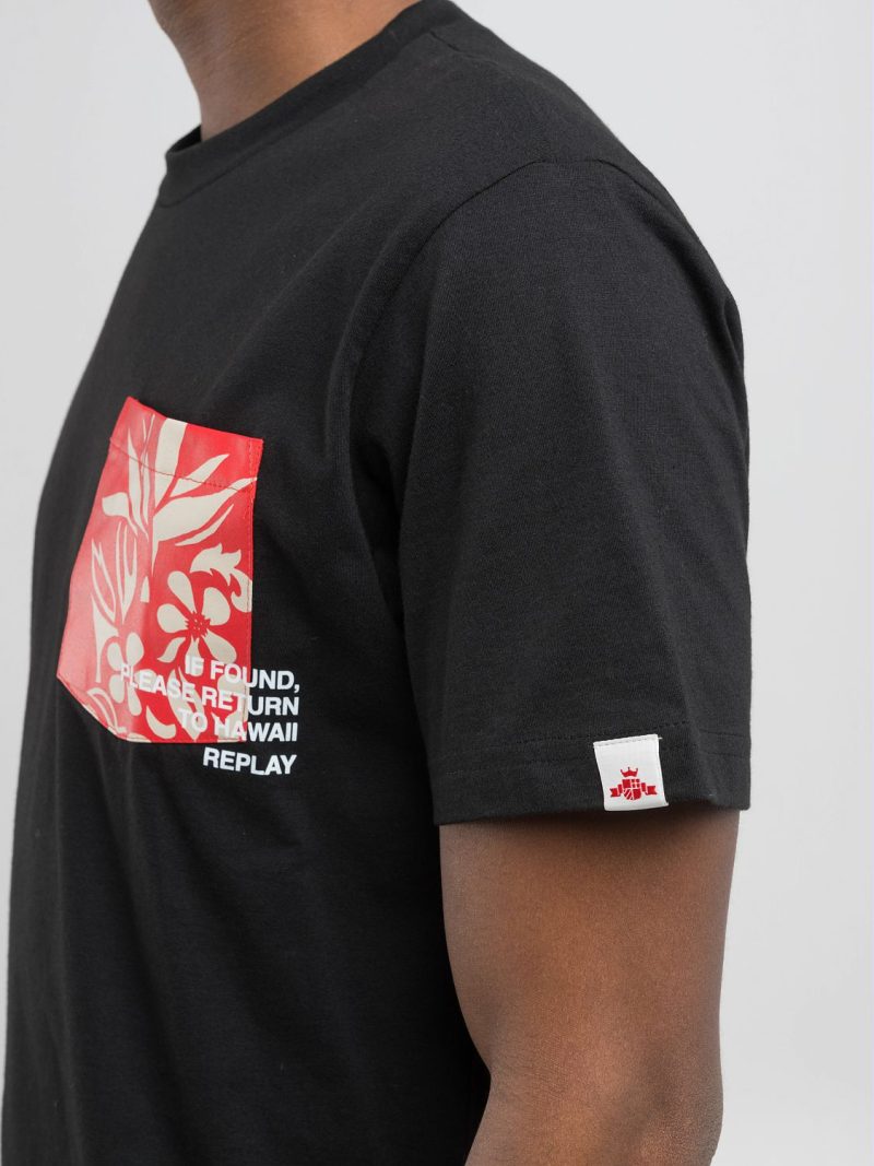 black t shirt with printed breast pocket