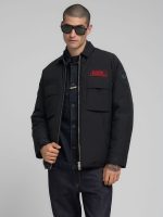 padded rider jacket with patch black nylon twill