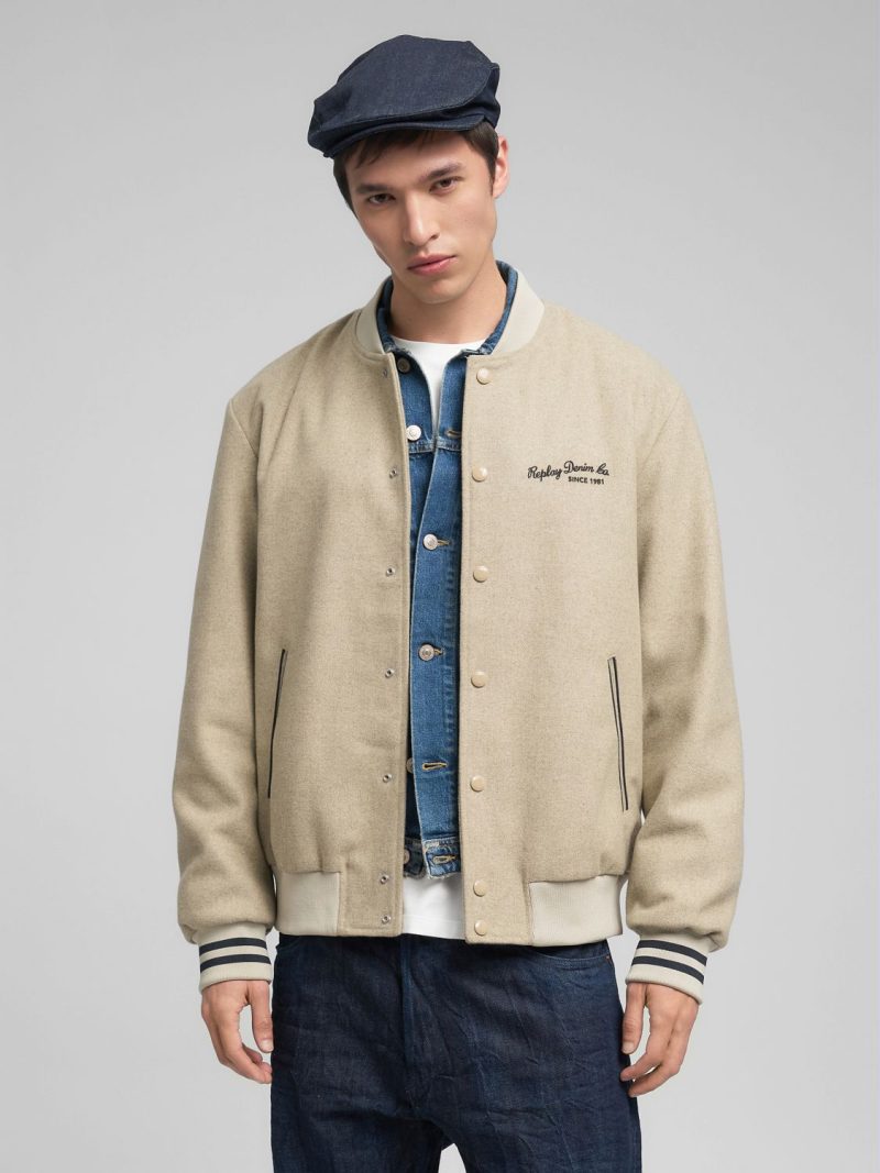 wool blend sand varsity bomber jacket wool blend sand varsity bomber jacket