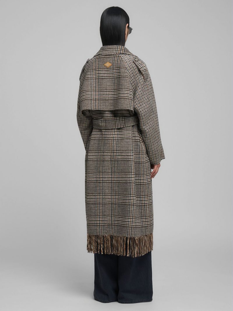 chequered wool blend coat with fringing
