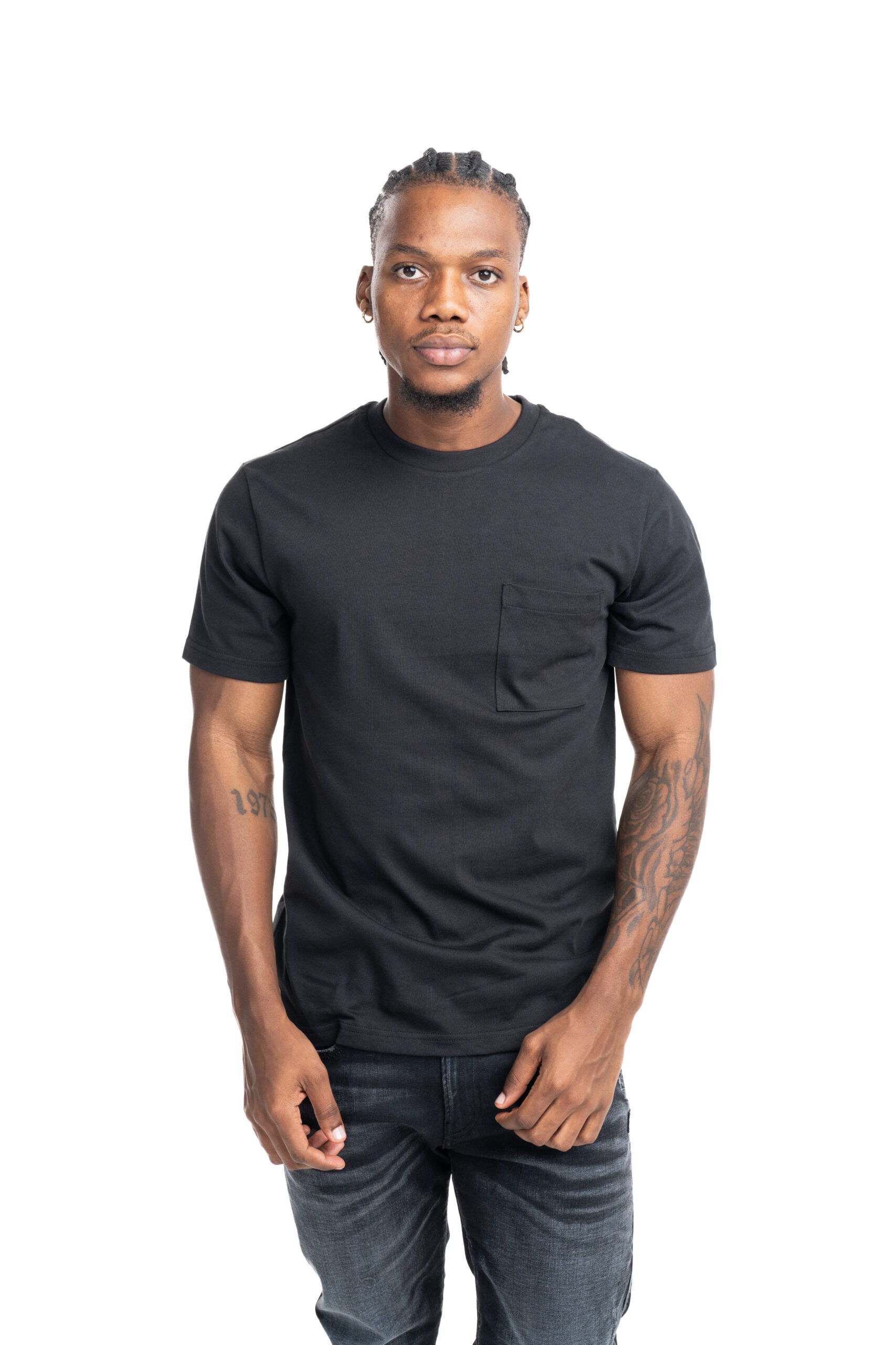 Black jersey T-shirt with breast pocket and print