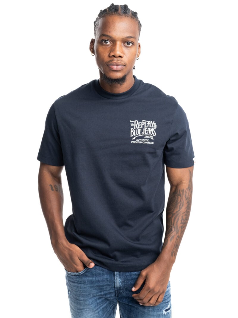 deep blue rope jersey crew neck t shirt with embroidery