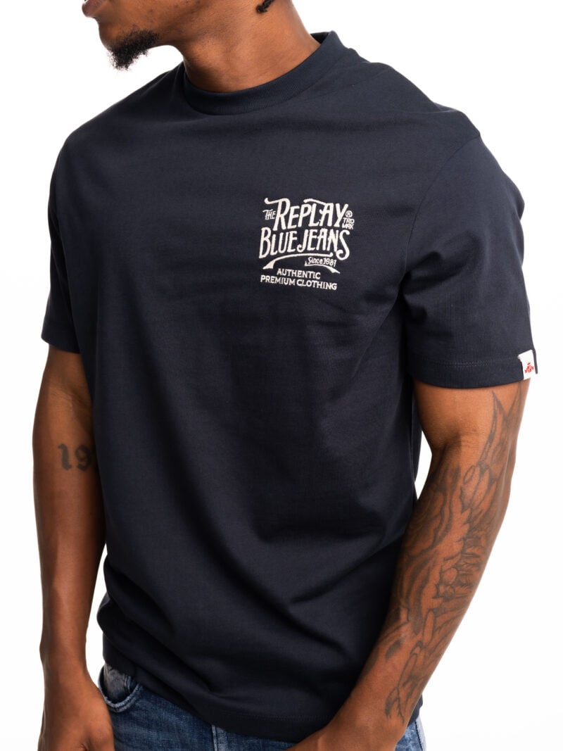 deep blue rope jersey crew neck t shirt with embroidery