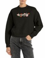 black sweatshirt with logo and rose print