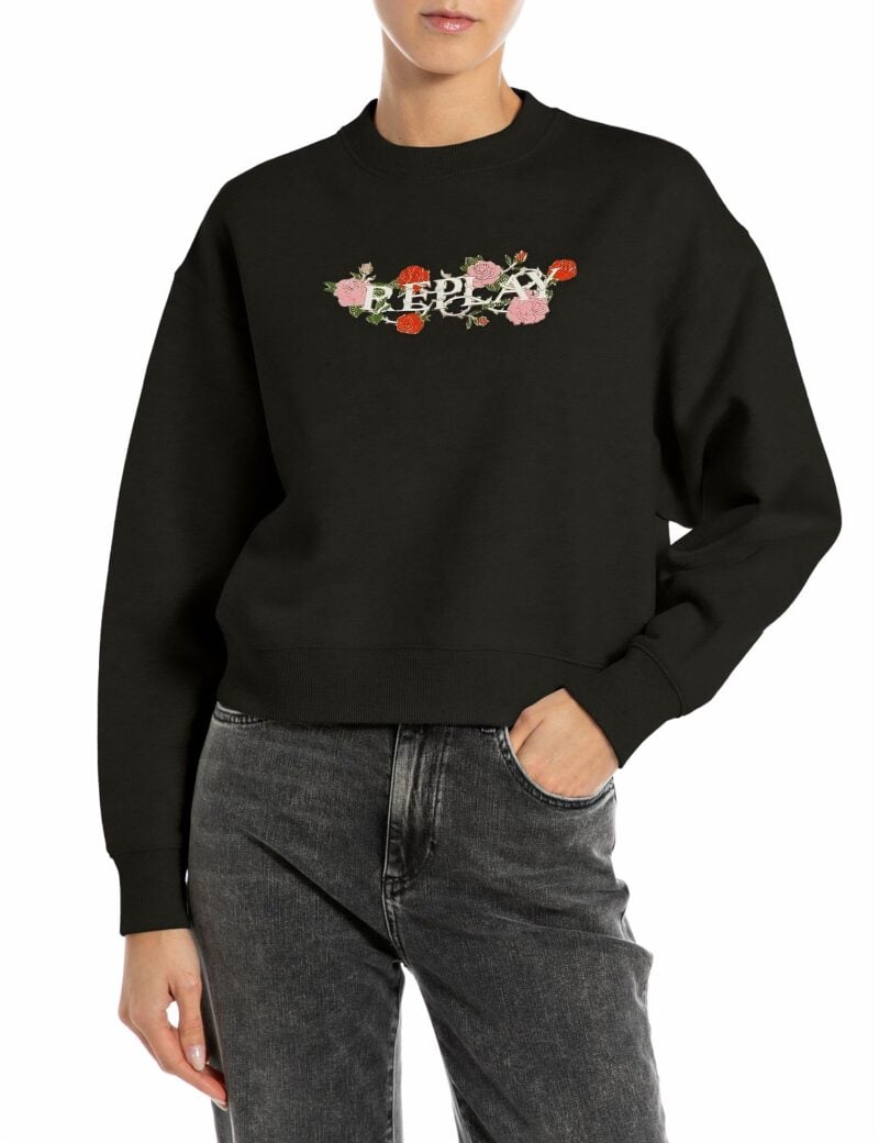 black sweatshirt with logo and rose print