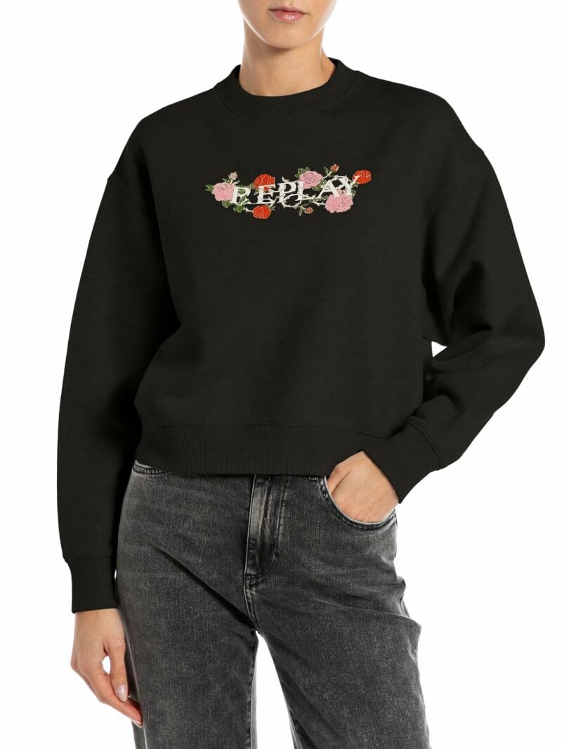 black sweatshirt with logo and rose print