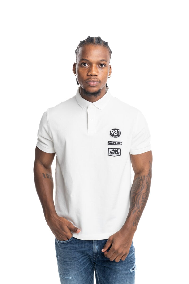 natural white pop badge polo